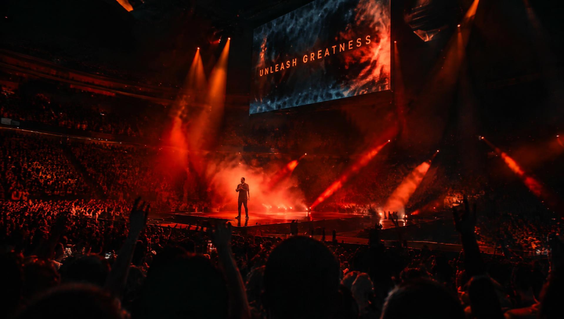 Christian Knudsen on stage before a huge crowd